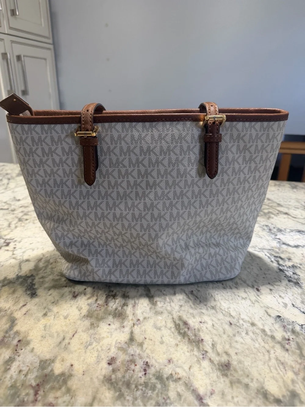 Michael Kors Jet Set Travel White Signature MK Tote with Brown Leather Trim